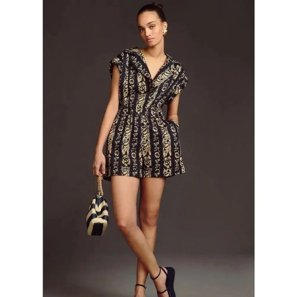 Tiny Anthropologie Ella Romper in Blue Motif Size M Tribal Print in Navy Beige